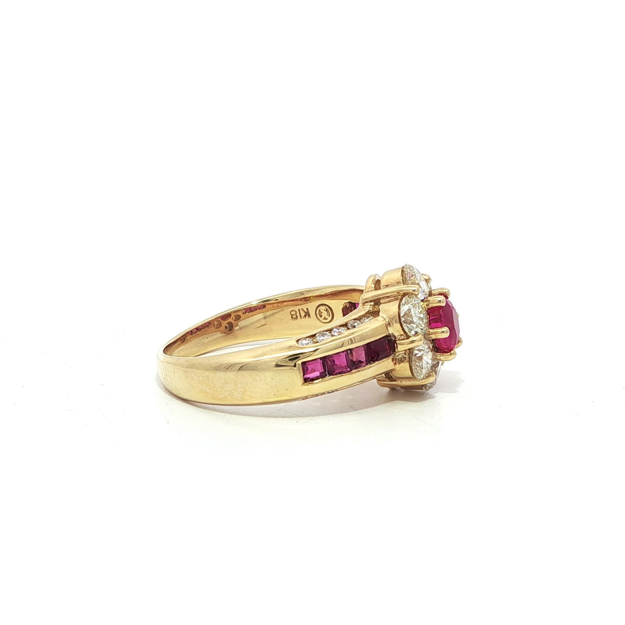 18k Yellow Gold 1.84ctw Quality Oval Ruby & Diamond Flower Cluster Ring For Sale 2