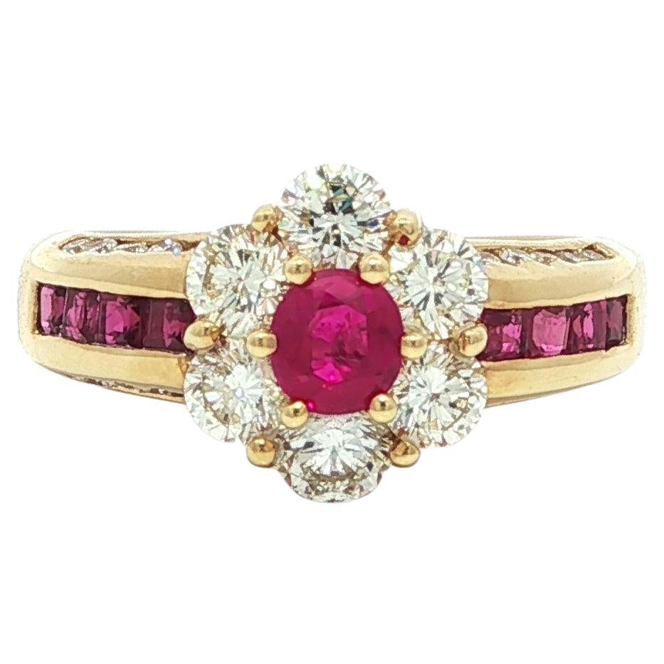 18k Yellow Gold 1.84ctw Quality Oval Ruby & Diamond Flower Cluster Ring For Sale