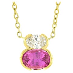 18K Yellow Gold 1.86ct GIA Oval No Heat Pink Sapphire 
Diamond Pendant Necklace