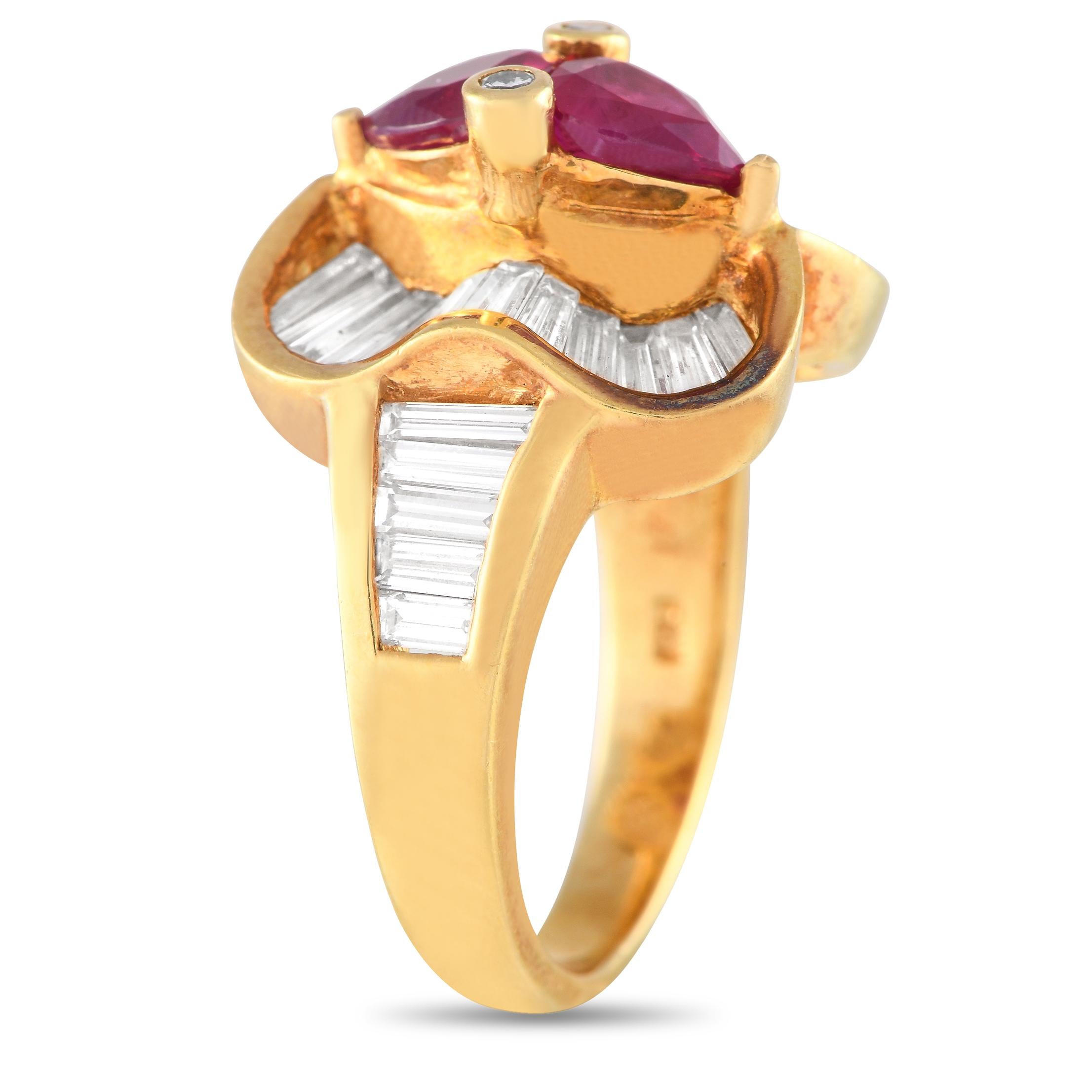 Smooth curves, clean lines, and subtle flashes of light make up the Art Deco geometric beauty of this ring. The band is fashioned in 18K yellow gold and has its shoulders decorated with tapering baguette diamonds on a channel setting. A duo of