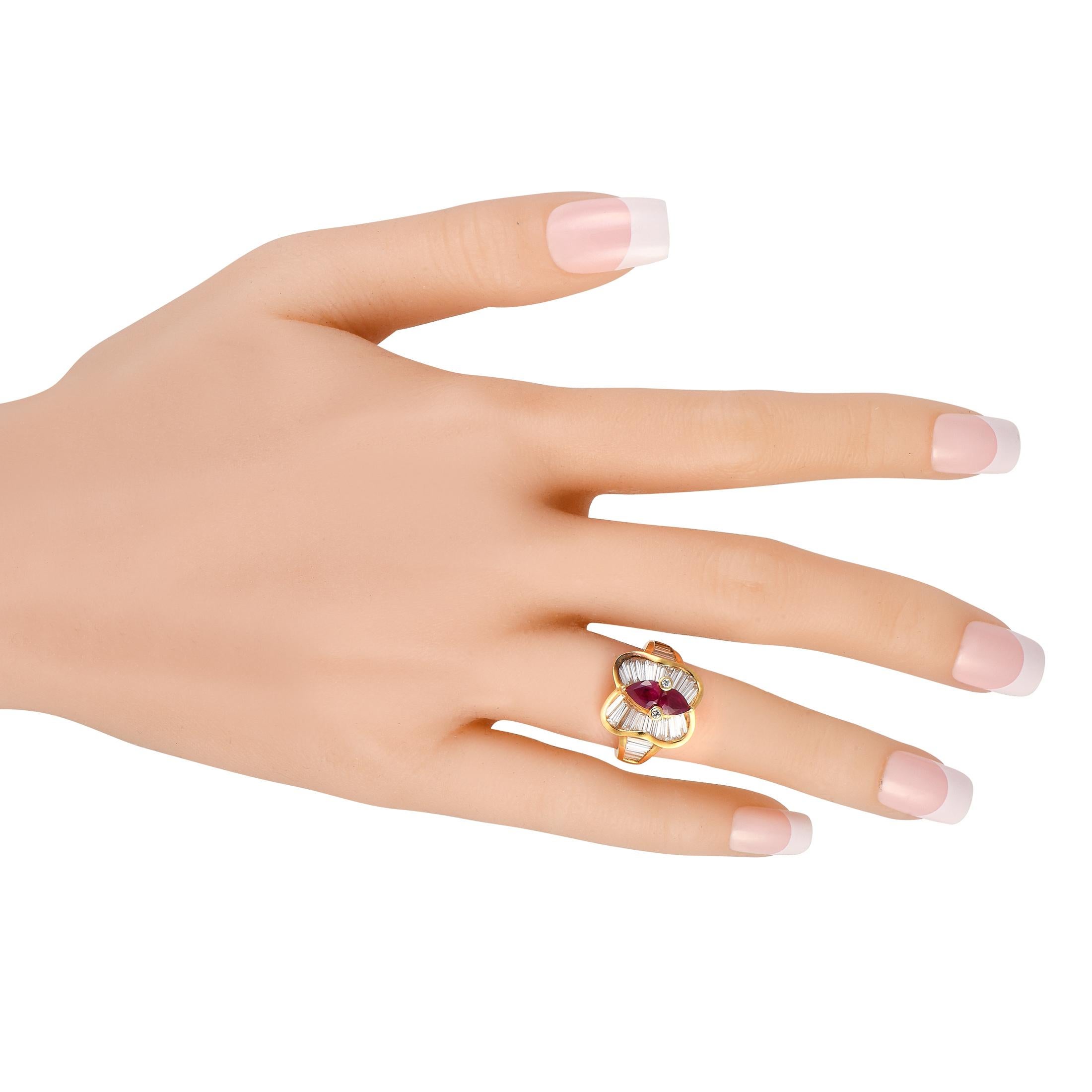 Baguette Cut 18K Yellow Gold 1.87ct Diamond Baguette and Ruby Ring For Sale