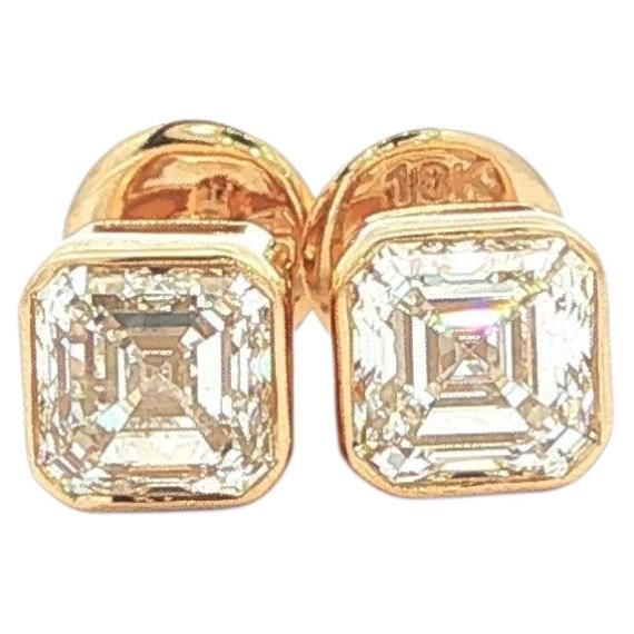 18k Yellow Gold 1.8ctw GIA Asscher Emerald Step Cut Diamond Bezel Stud Earrings For Sale