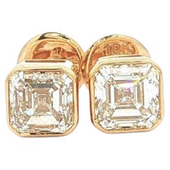 18k Yellow Gold 1.8ctw GIA Asscher Emerald Step Cut Diamond Bezel Stud Earrings