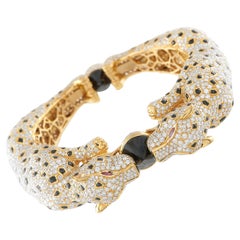 18K Yellow Gold 19.53ct Diamond & Onyx Panther Duo Bangle Bracelet  MF04-012326