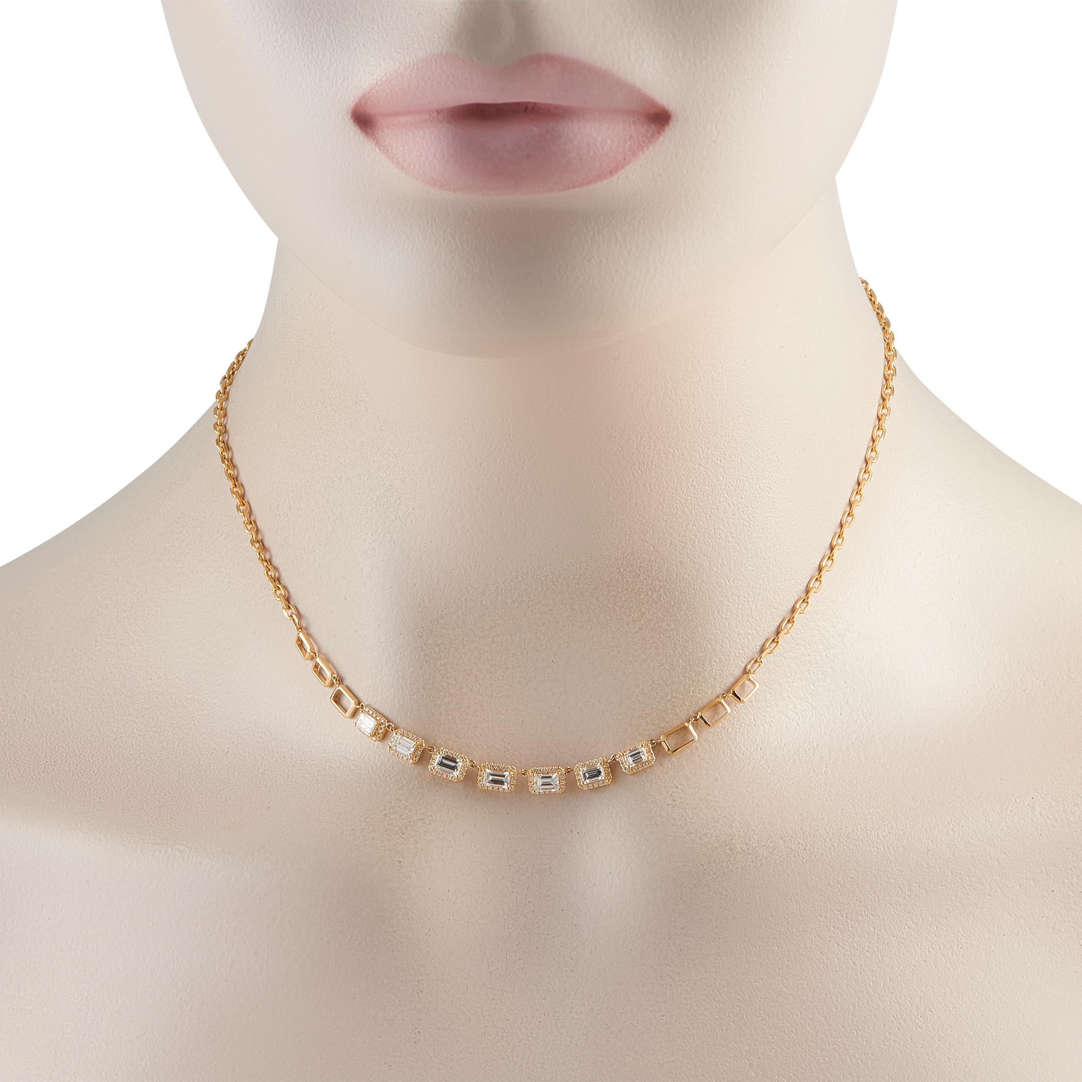 Add a touch of sparkle to any occasion with this exquisite necklace. Diamonds totaling 1.95 carats and delicate openwork metal accents make a statement at the center of this pieces 16 chain. Opulent 18K Yellow Gold elevates this elegant, understated