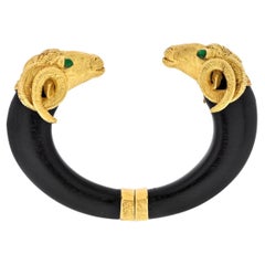 Vintage 18K Yellow Gold 1970's Double Ram Black Wood Bangle Bracelet