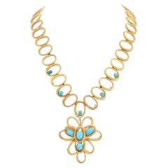 18K Yellow Gold 1970's Long Turquoise Diamond Pendant Necklace