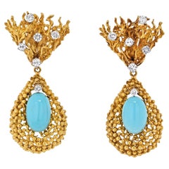 18K Yellow Gold 1970's Turquoise and Diamond Dangling Earrings