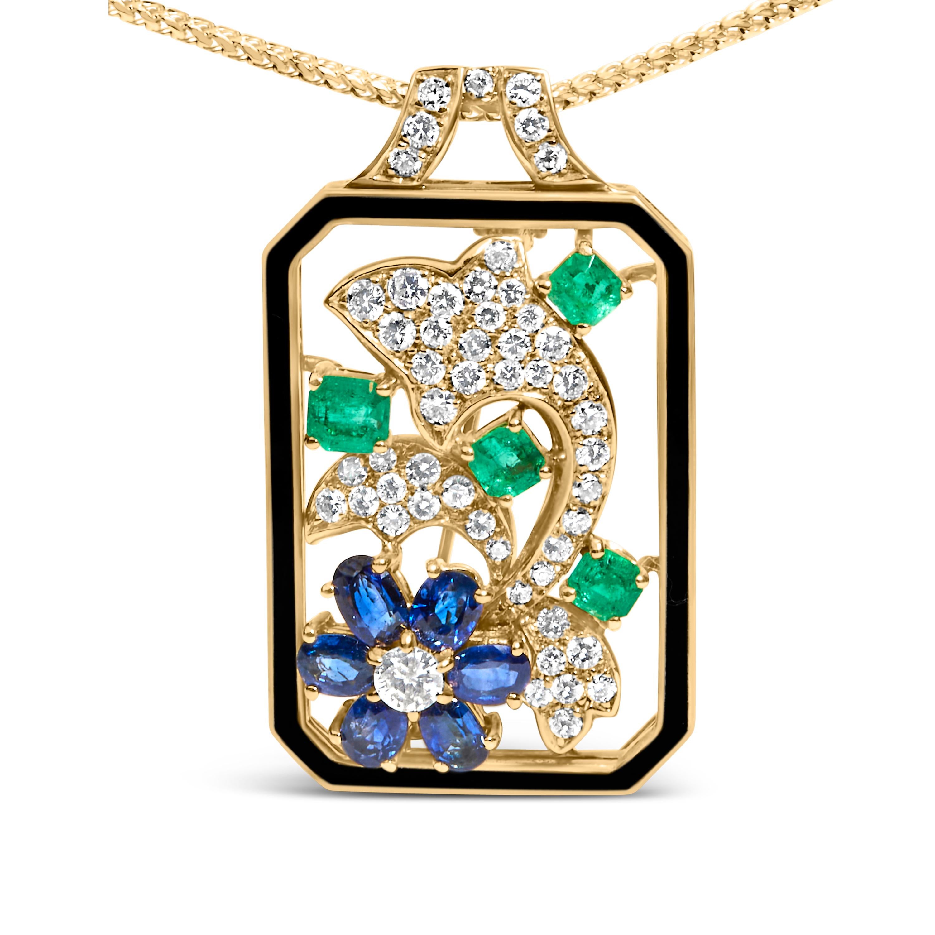 Immerse yourself in the unparalleled elegance of this 18K yellow gold jewelry piece, where luxury meets whimsy in a stunning interplay of gems and design. Framed by lustrous black enamel, the open dog tag pendant enchants with two dolphin
