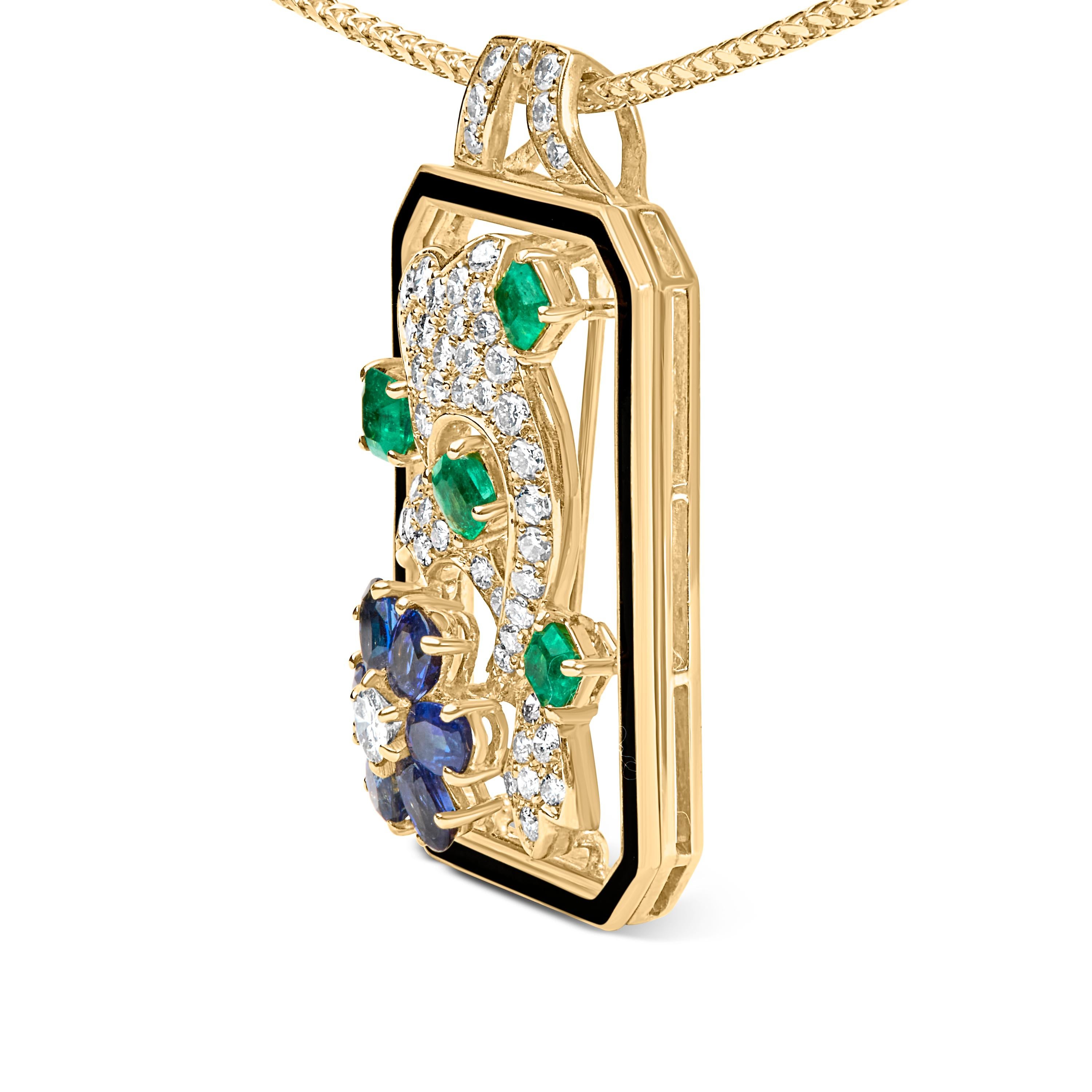 Modern 18K Yellow Gold 2 1/3 Cttw Diamond Treated Sapphire and Emerald Dog Necklace For Sale