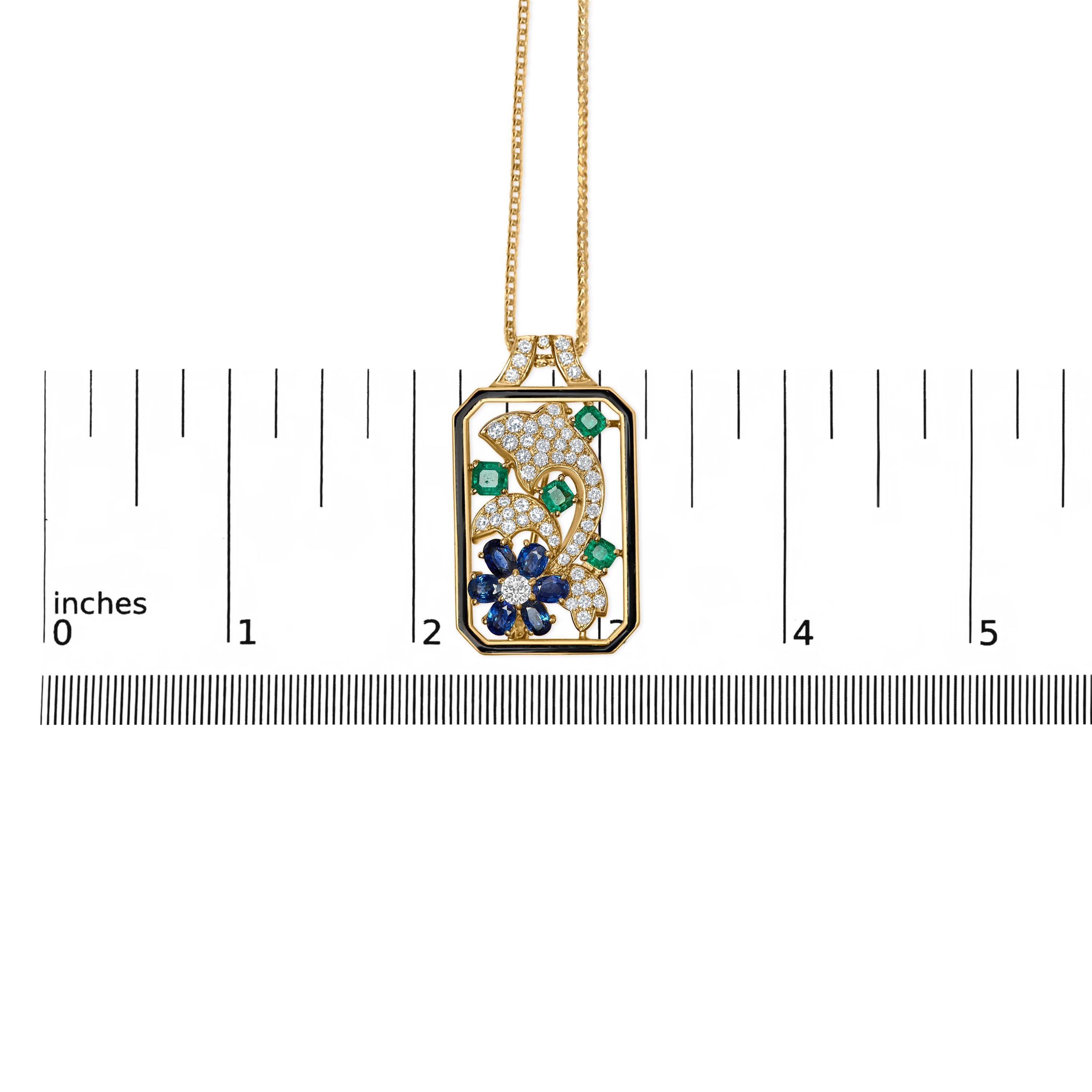 Round Cut 18K Yellow Gold 2 1/3 Cttw Diamond Treated Sapphire and Emerald Dog Necklace For Sale