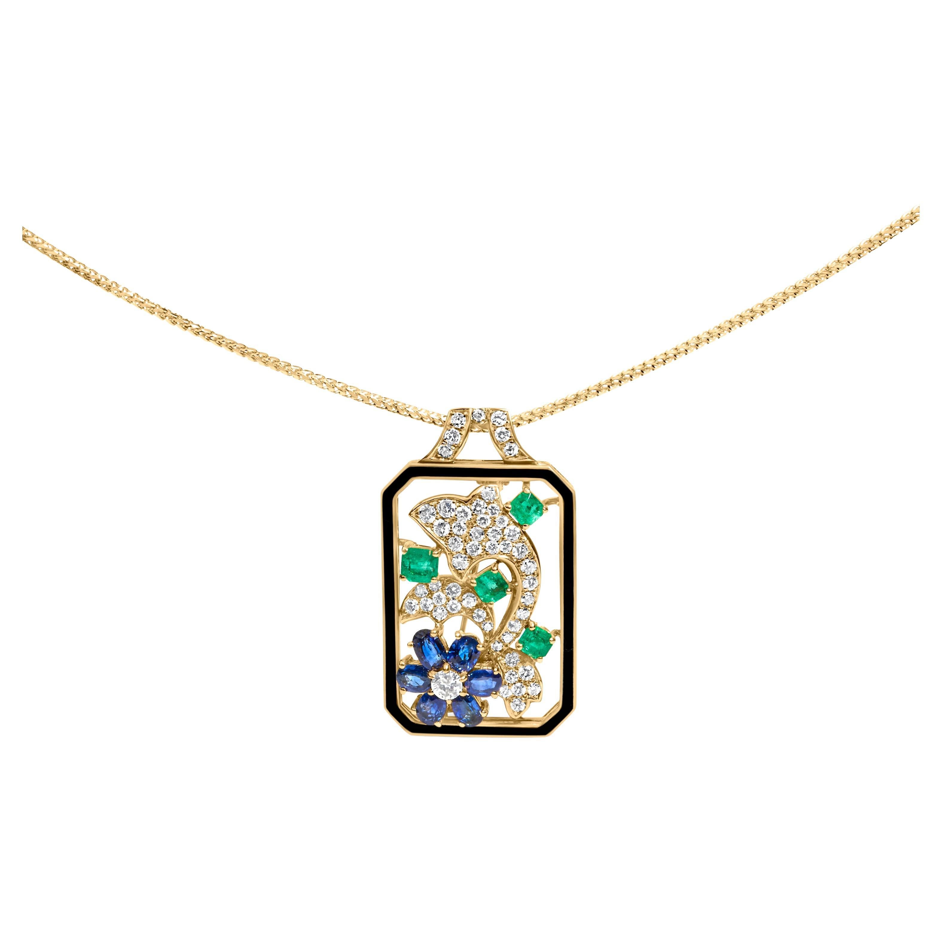 18K Yellow Gold 2 1/3 Cttw Diamond Treated Sapphire and Emerald Dog Necklace For Sale