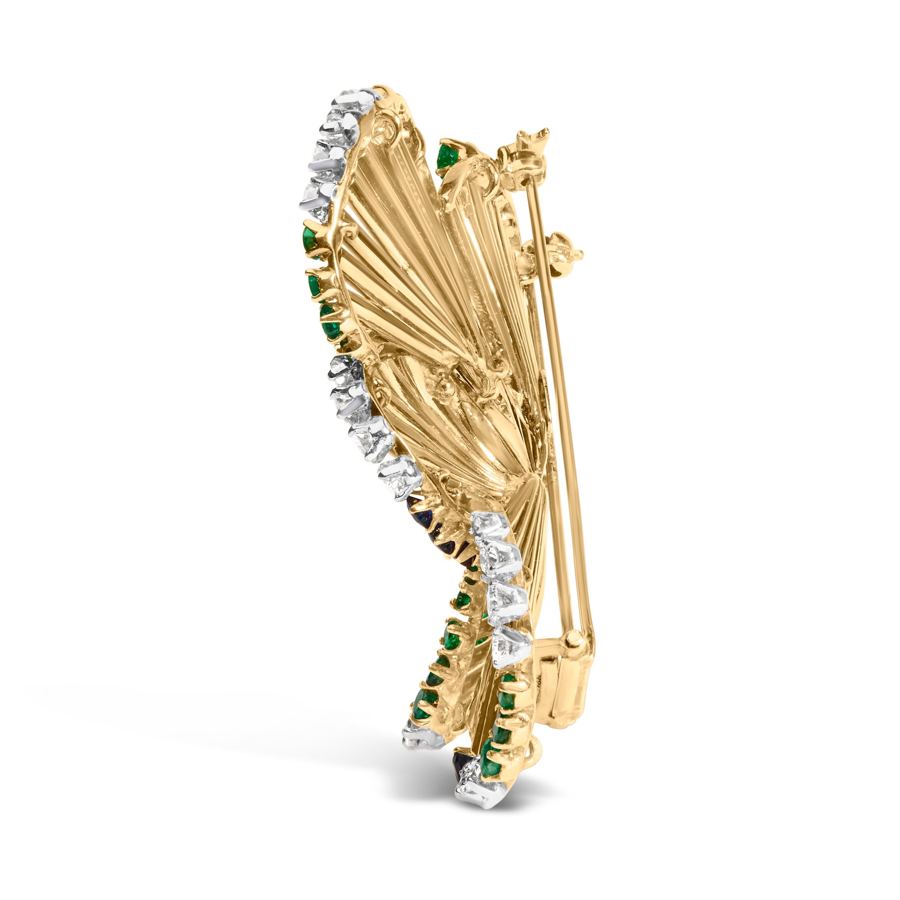 Modern 18K Yellow Gold 2 1/3ct Diamond, Sapphire, and Emerald Sculpted Petal Brooch Pin For Sale