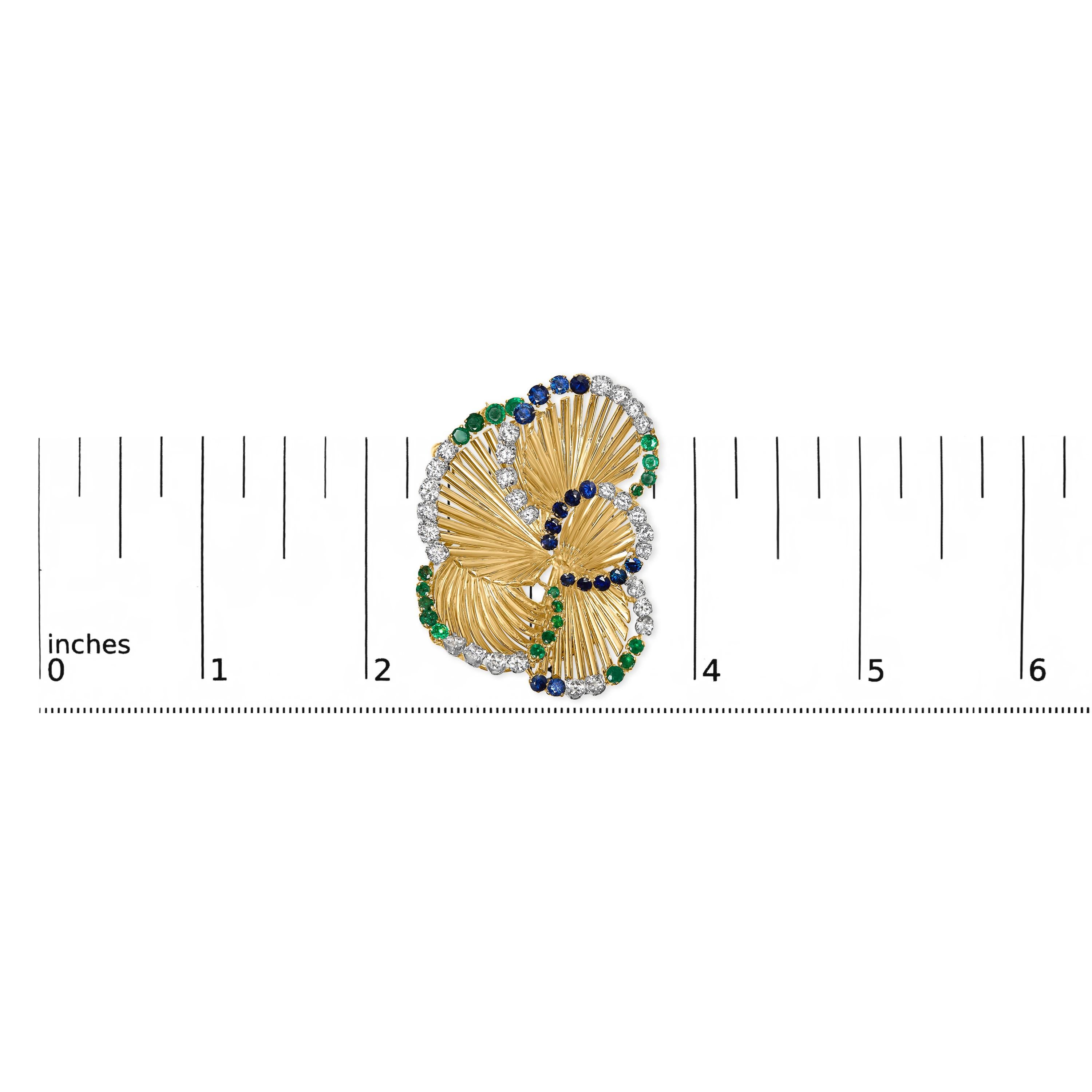 Round Cut 18K Yellow Gold 2 1/3ct Diamond, Sapphire, and Emerald Sculpted Petal Brooch Pin For Sale