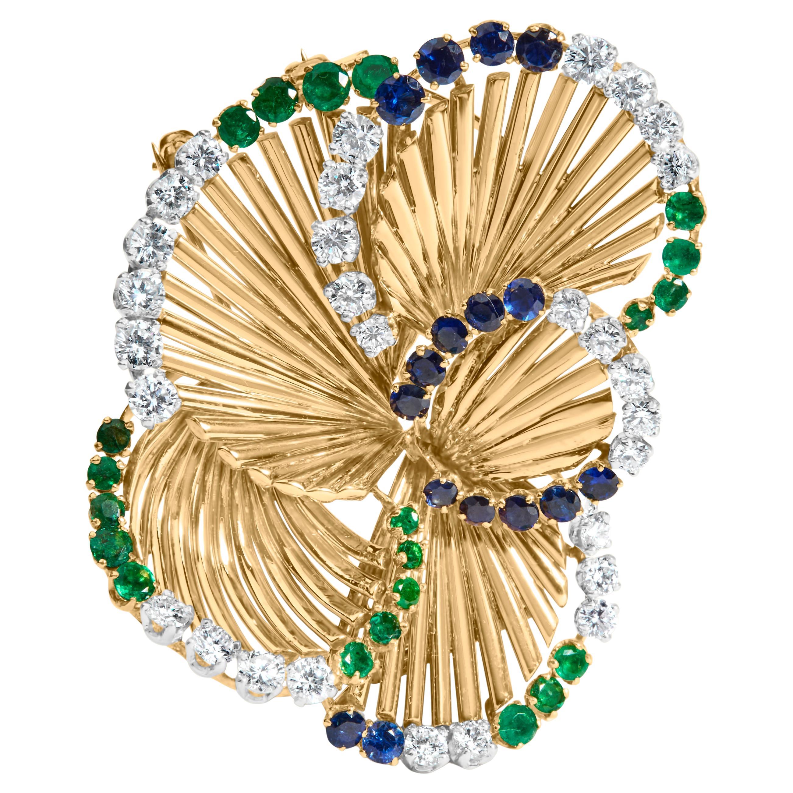 18K Yellow Gold 2 1/3ct Diamond, Sapphire, and Emerald Sculpted Petal Brooch Pin