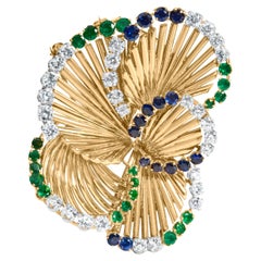 18K Yellow Gold 2 1/3ct Diamond, Sapphire, and Emerald Sculpted Petal Brooch Pin