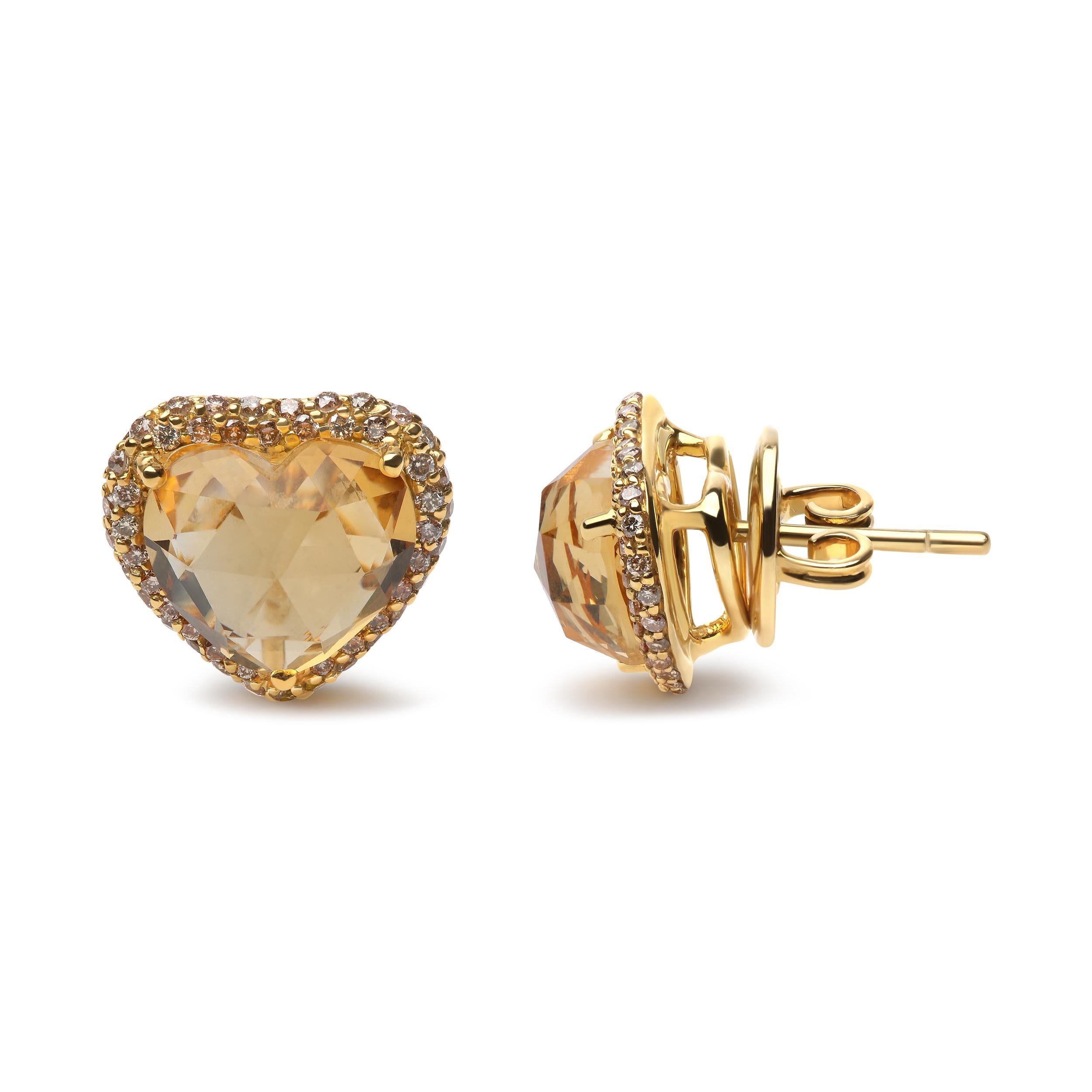 Contemporary 18K Yellow Gold 2/3 Carat Brown Diamonds and Yellow Citrine Halo Stud Earring For Sale