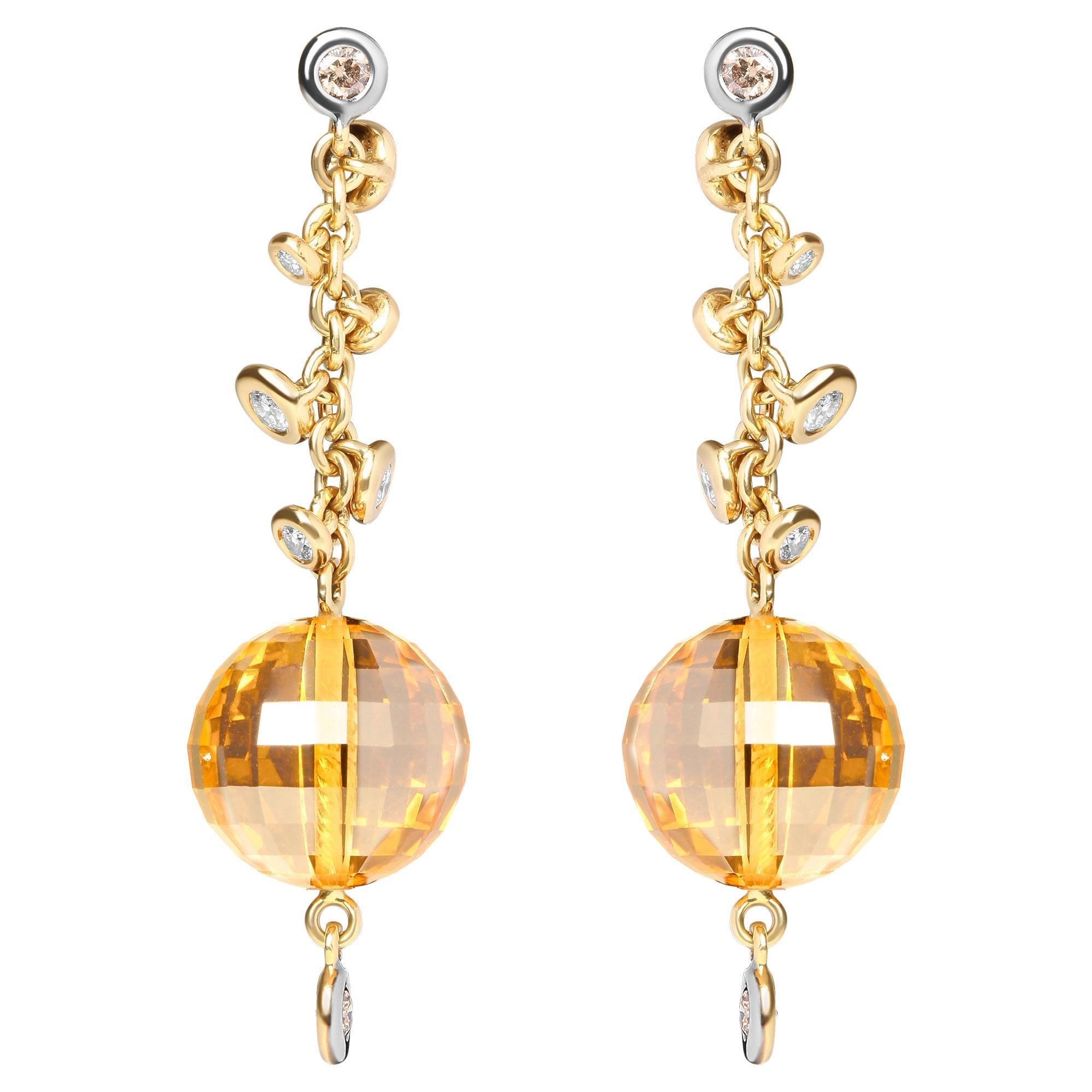 18K Yellow Gold 2/3 Cttw Diamond and Yellow Citrine Gemstone Dangle Stud Earring