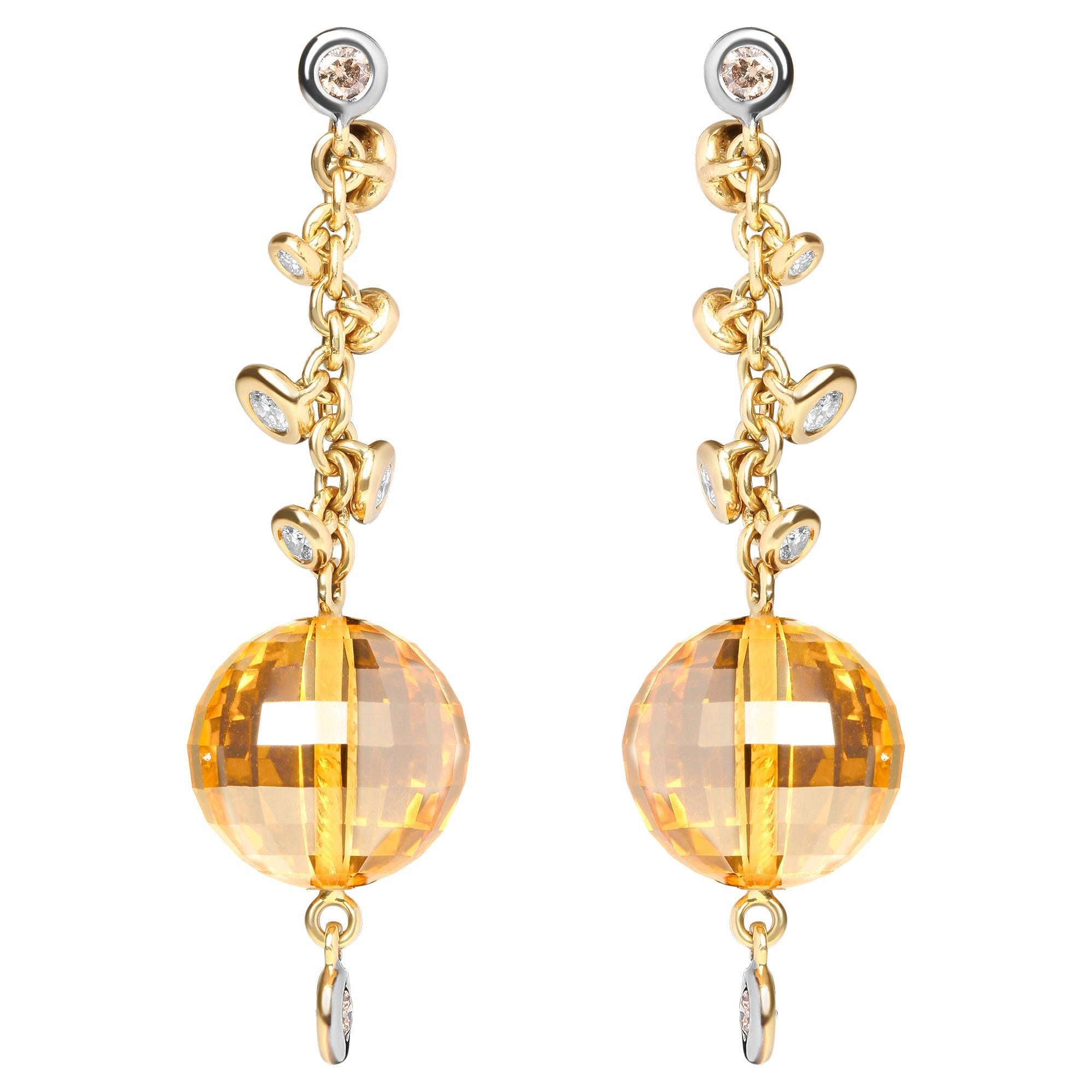 Boucles d'oreilles pendantes en or jaune 18 carats avec diamant 2/3 carat au total et citrine jaune