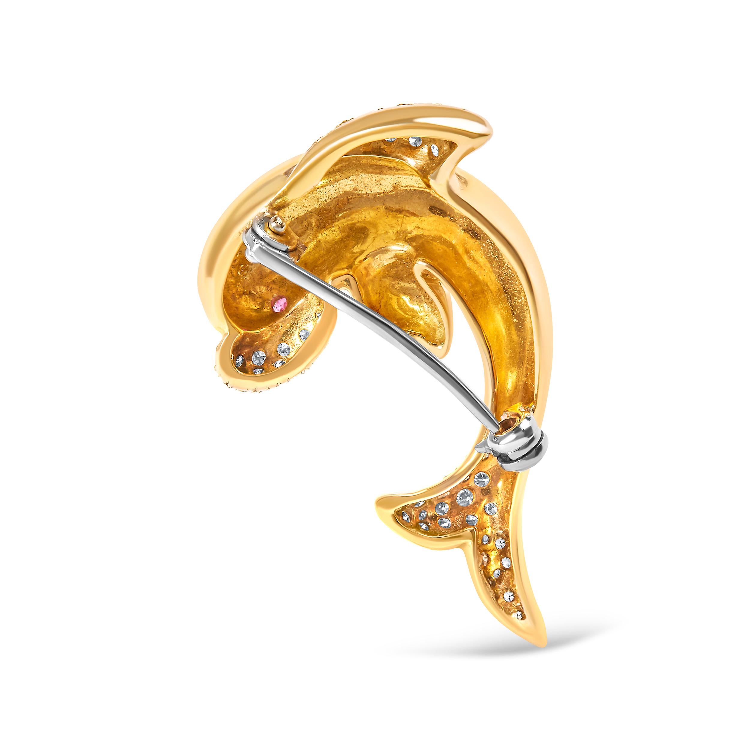 Contemporary 18K Yellow Gold 2/5 Carat Diamond and Ruby Dolphin Brooch Pin