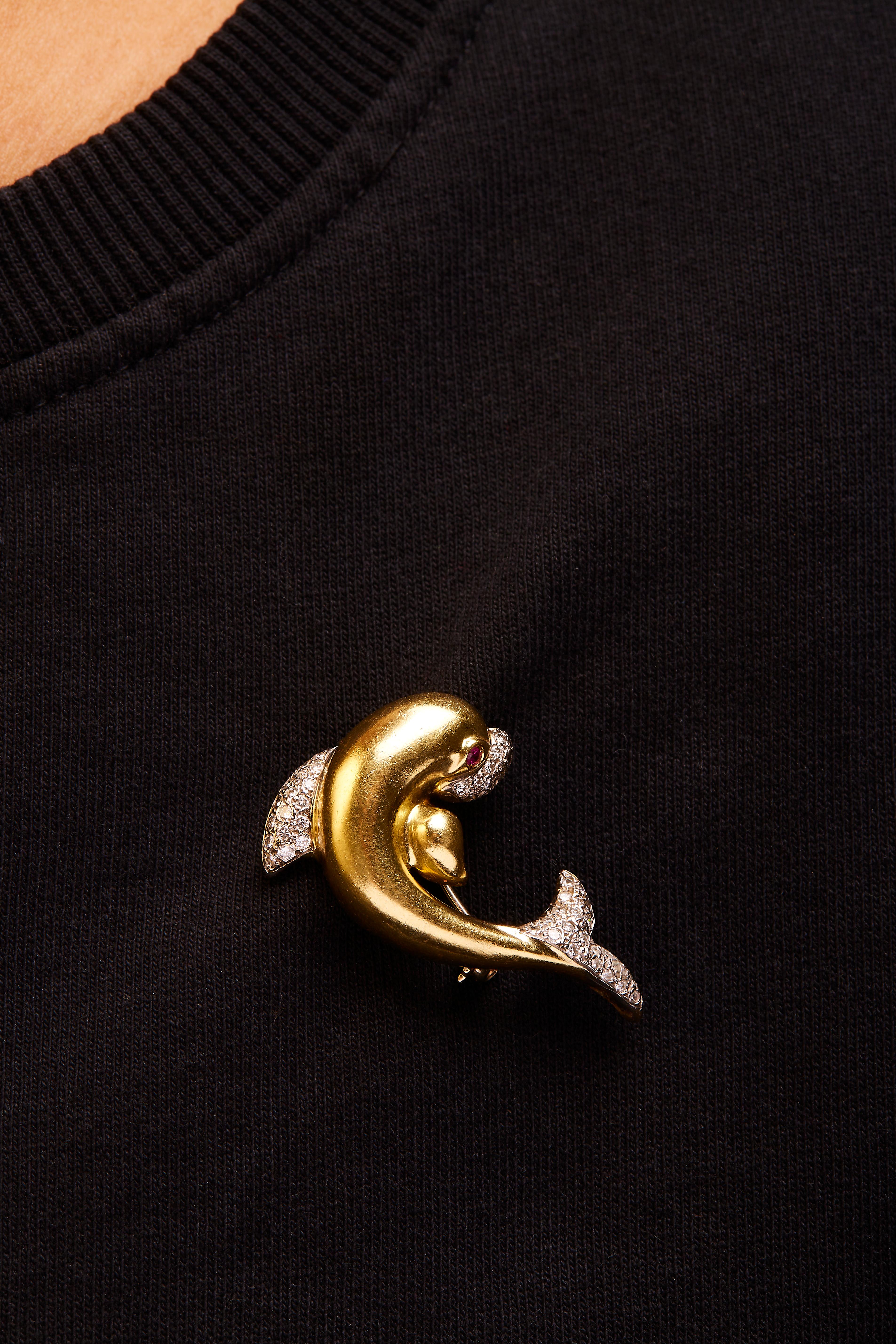 Round Cut 18K Yellow Gold 2/5 Carat Diamond and Ruby Dolphin Brooch Pin