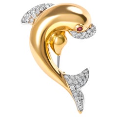18K Yellow Gold 2/5 Carat Diamond and Ruby Dolphin Brooch Pin
