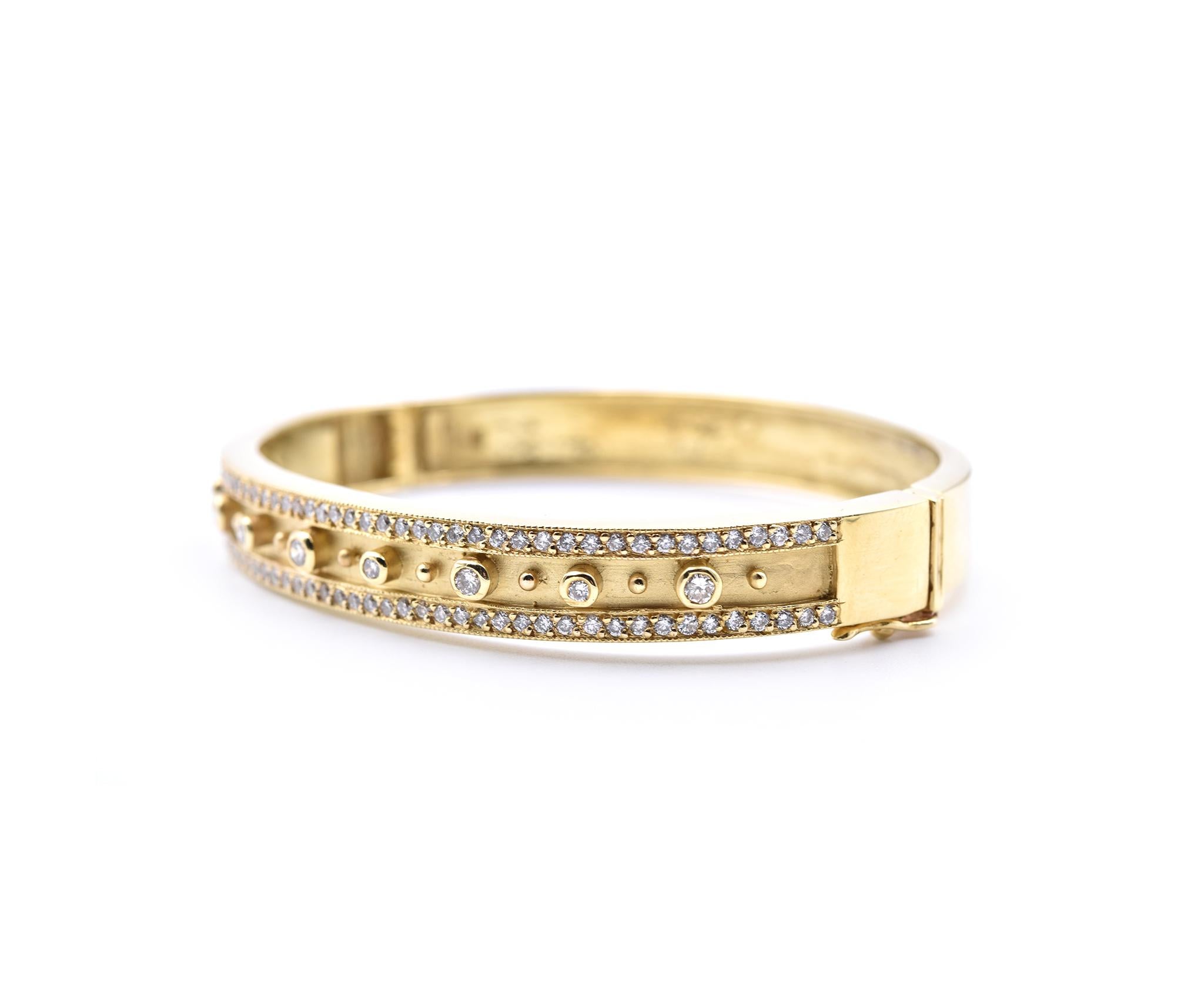 Round Cut 18 Karat Yellow Gold 2.00 Carat Diamond Ornate Bangle Bracelet