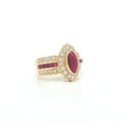18k Yellow Gold 2.05ctw Marquise & Square Cut Ruby w/ Round Diamond Ring