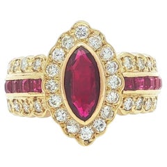 18k Yellow Gold 2.05ctw Marquise & Square Cut Ruby w/ Round Diamond Ring