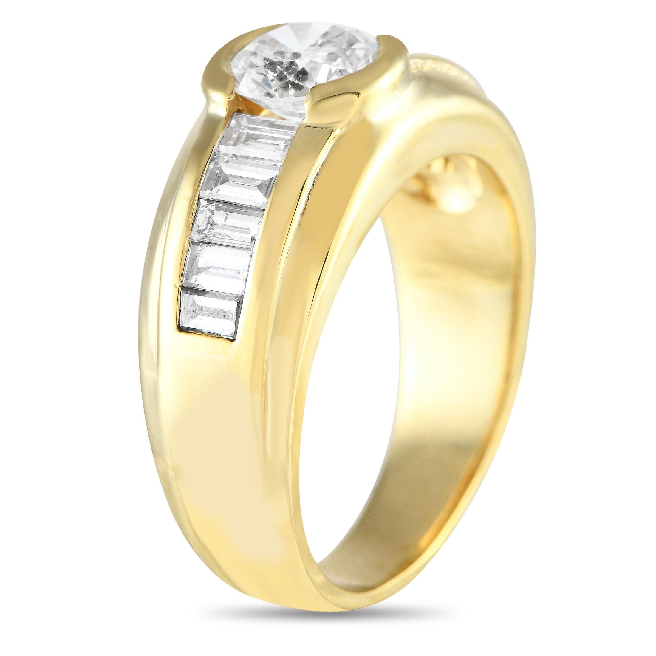 Designed with equal parts purpose and beauty, you'll love this 18K yellow gold ring's geometric elegance and secure setting. It features a wide band measuring 6mm thick, with a top height of 7mm. A striking 1 carat round diamond on a half bezel sits