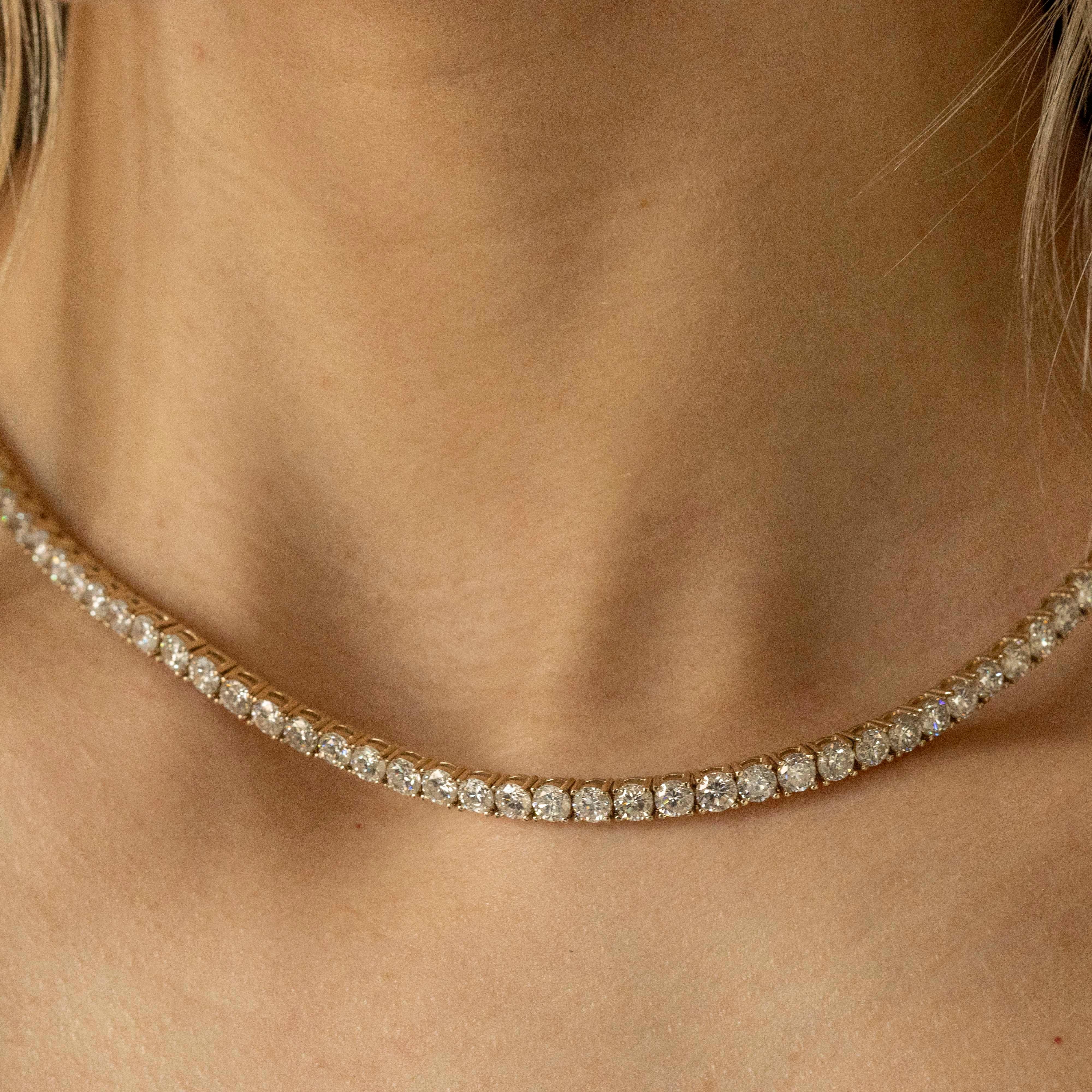 Round Cut 18K Yellow Gold 20.86 Carat Round Diamond Tennis Necklace For Sale