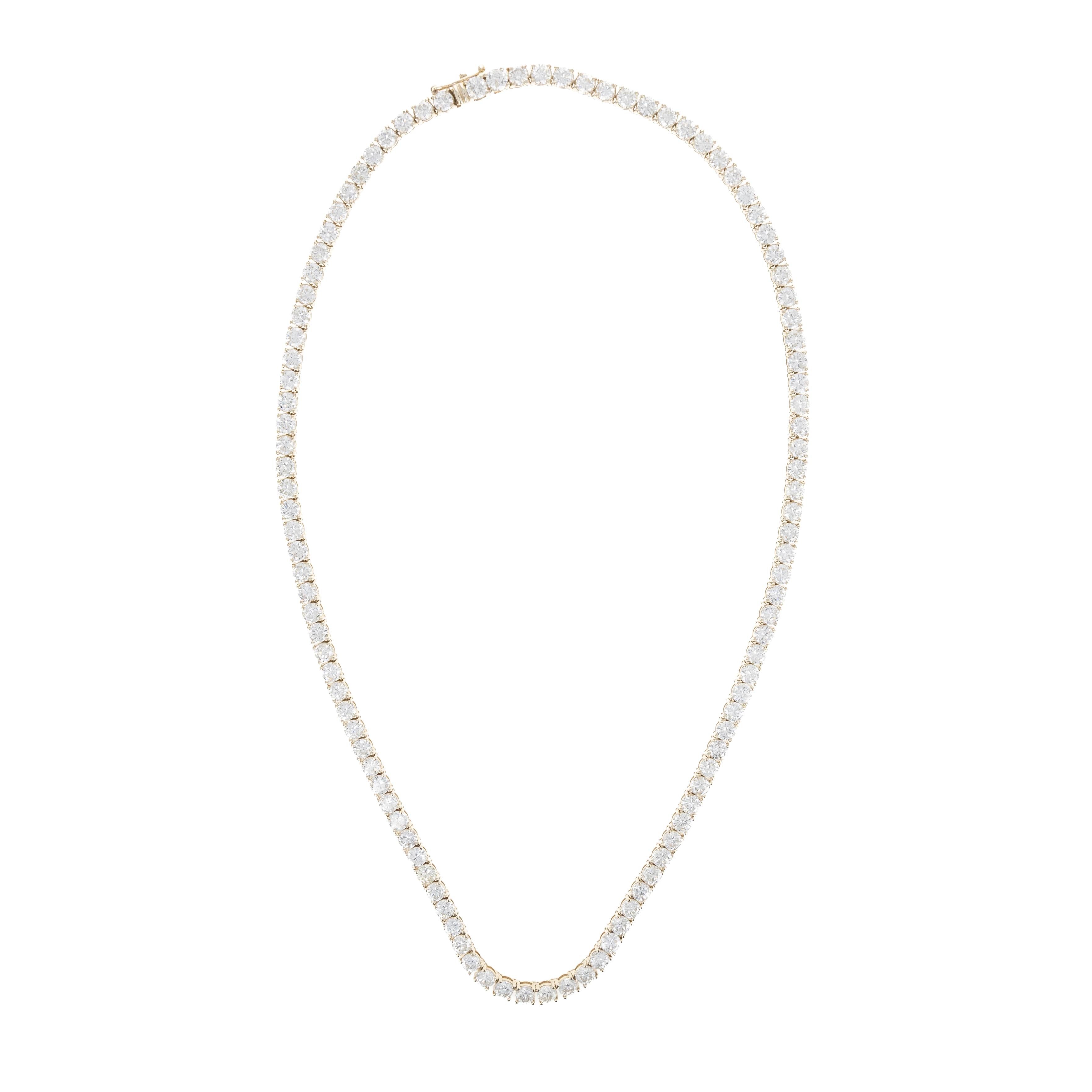 18K Yellow Gold 20.86 Carat Round Diamond Tennis Necklace For Sale 1