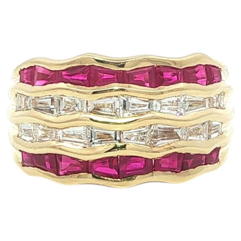 18k Yellow Gold 2.09ctw Baguette Ruby Diamond 4 Row Wide Wavy Channel Band Ring For Sale