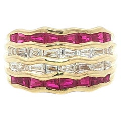 18k Yellow Gold 2.09ctw Baguette Ruby Diamond 4 Row Wide Wavy Channel Band Ring