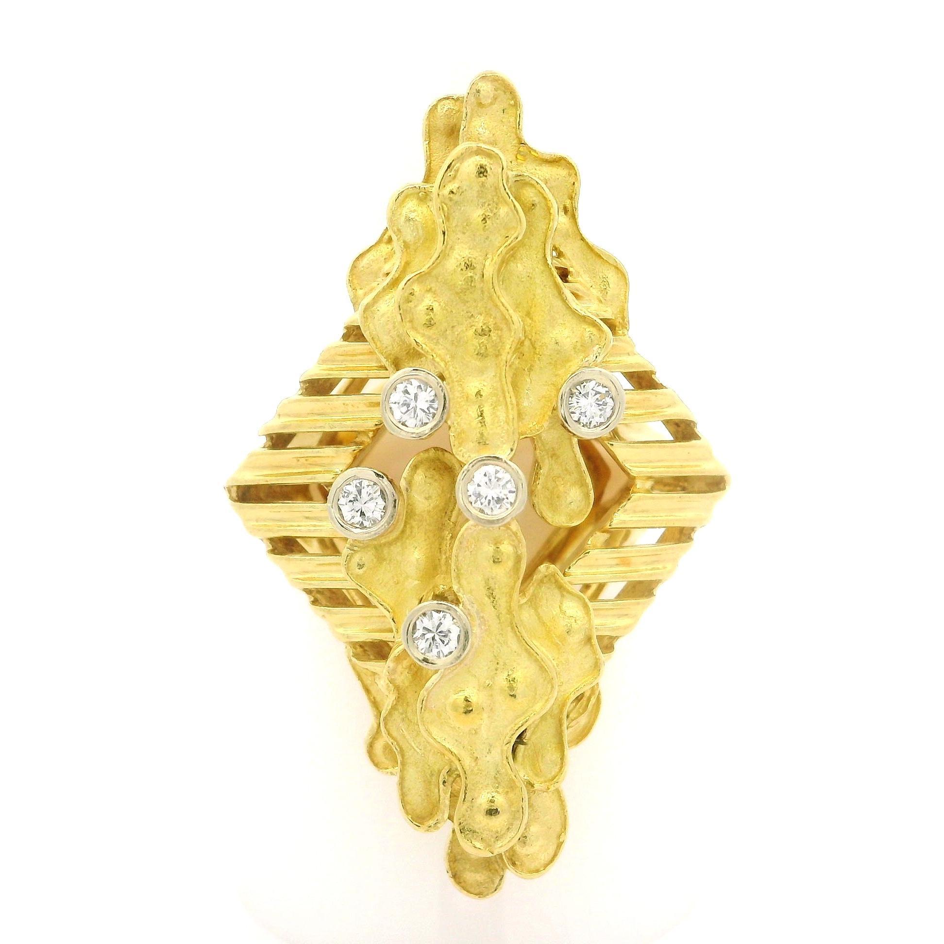 18k Yellow Gold .20ctw Diamond Dual Finish Textured Large Geometric Layered Ring