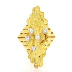 18k Yellow Gold .20ctw Diamond Dual Finish Textured Large Geometric Layered Ring