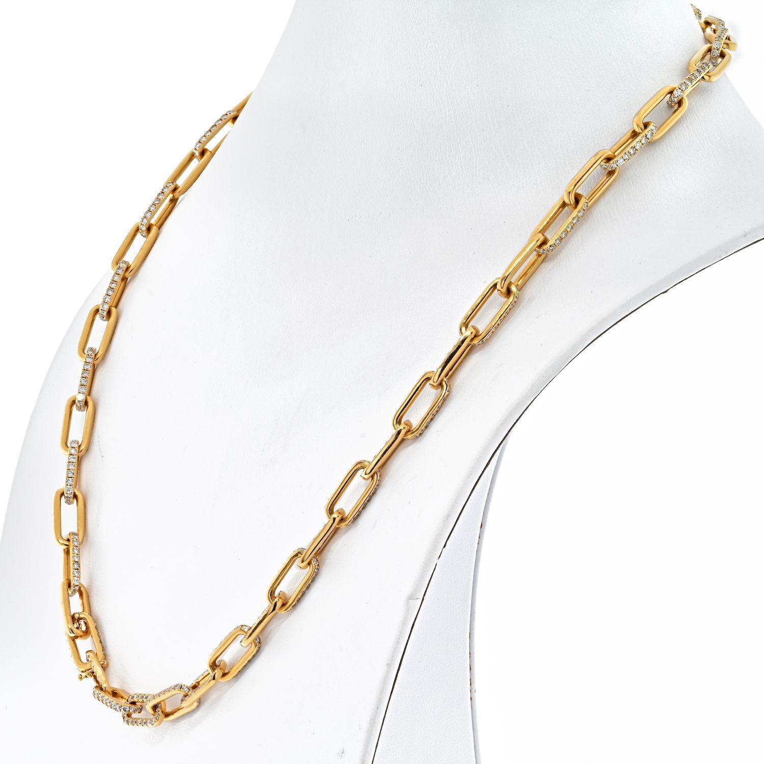 18K Yellow Gold 21 Carat Diamond Link Chain Necklace.
Crafted out of 18K rose gold, every paperclip link is accented with round-cut diamonds, total diamond weight is approximately 21 carats; length 22 inches; weight 60 g.  
Stamped 18K. 