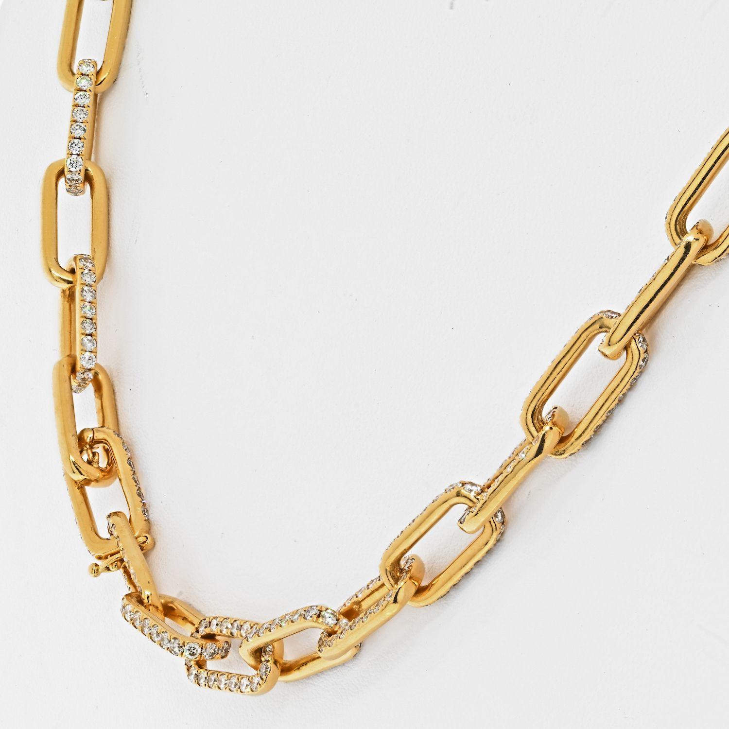 Modern 18K Yellow Gold 21 Carat Diamond Link Chain Necklace For Sale