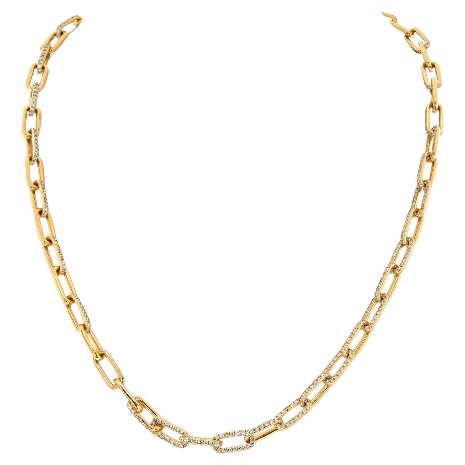 18K Yellow Gold 21 Carat Diamond Link Chain Necklace For Sale