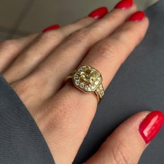 18K Yellow Gold 2.10 Carat Fancy Yellow Cushion Diamond Halo Ring