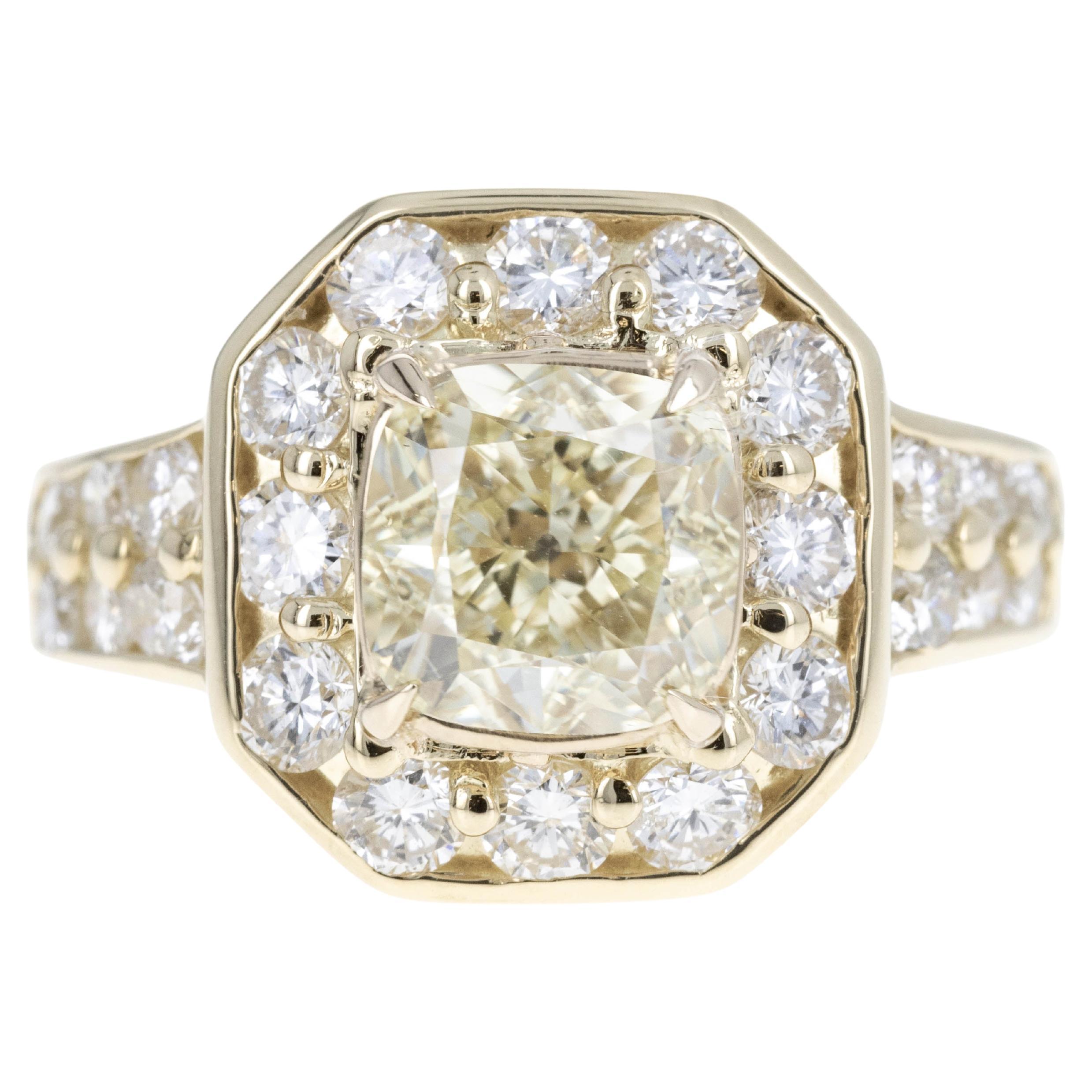 18K Yellow Gold 2.10 Carat Fancy Yellow Cushion Diamond Halo Ring
