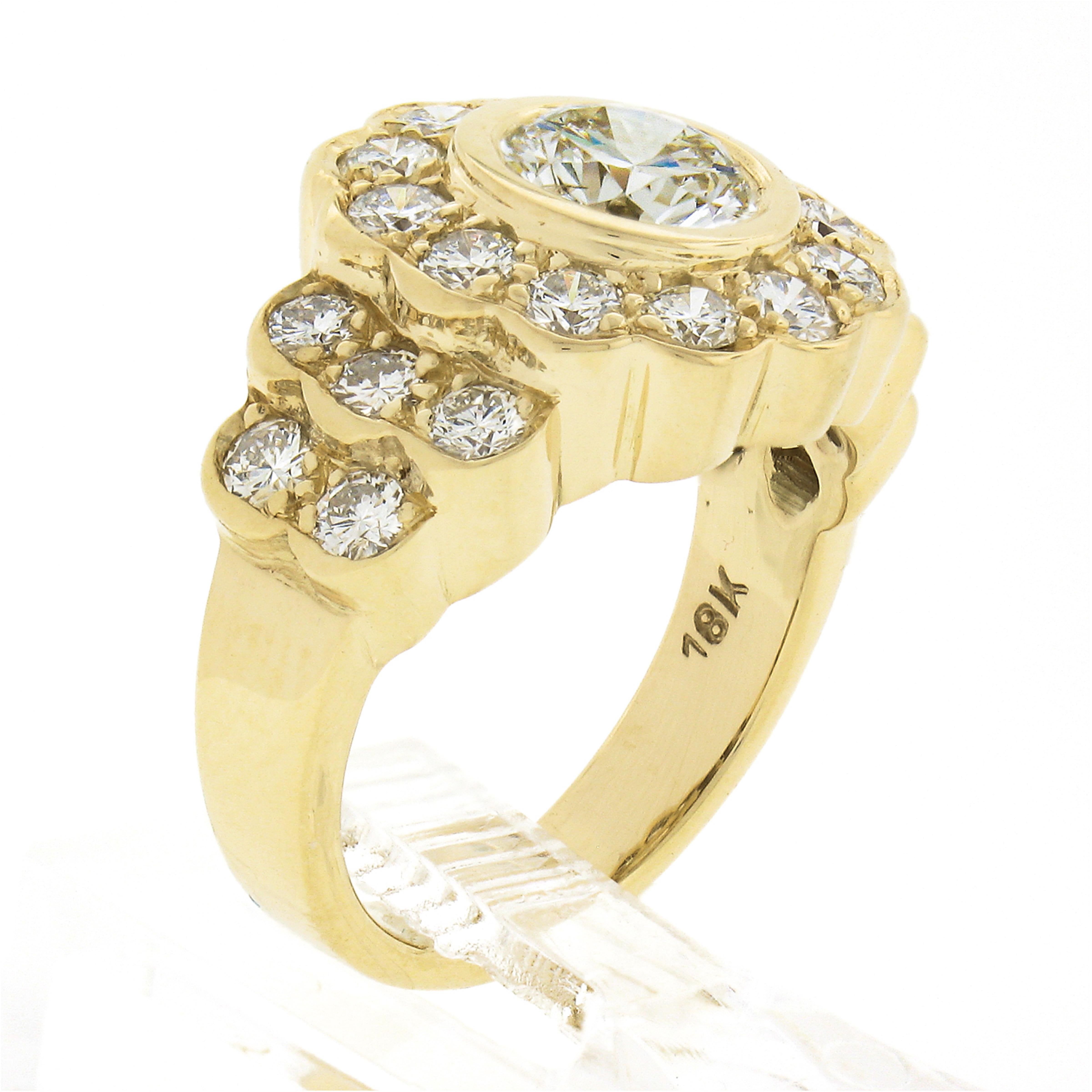 18k Yellow Gold 2.12ctw GIA Round Bezel Set Diamond w/ Halo Flower Cocktail Ring For Sale 4