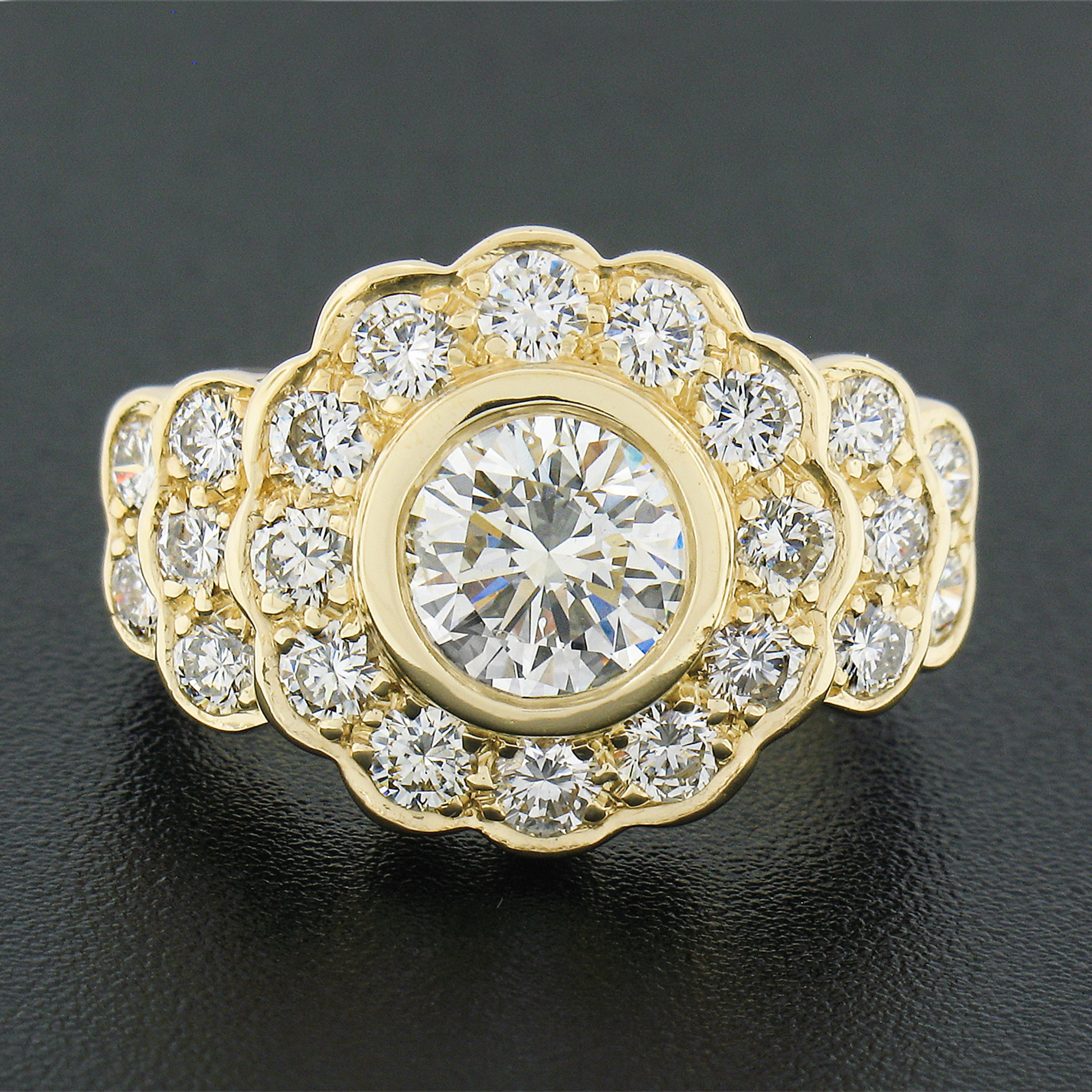 Round Cut 18k Yellow Gold 2.12ctw GIA Round Bezel Set Diamond w/ Halo Flower Cocktail Ring For Sale