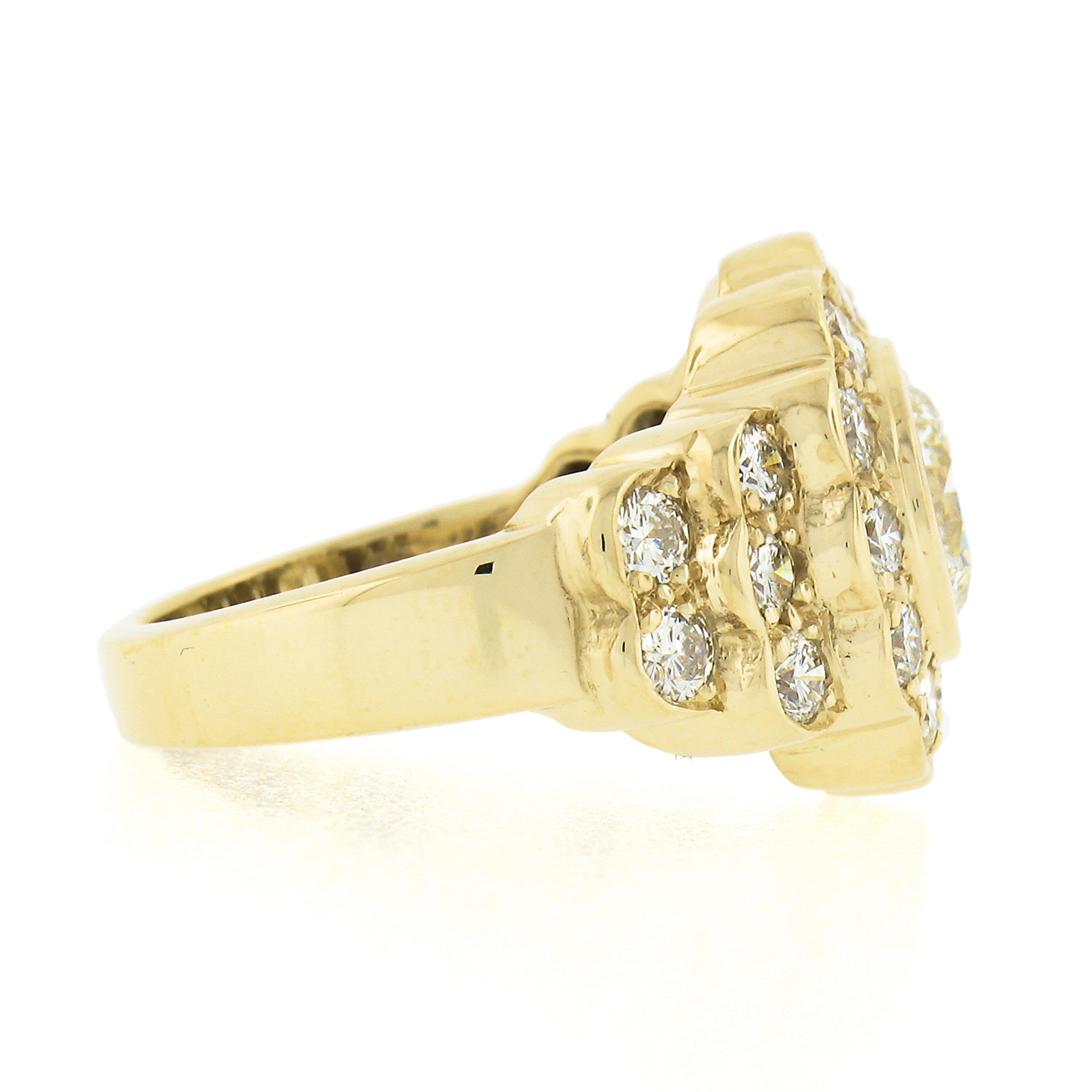 Women's 18k Yellow Gold 2.12ctw GIA Round Bezel Set Diamond w/ Halo Flower Cocktail Ring For Sale