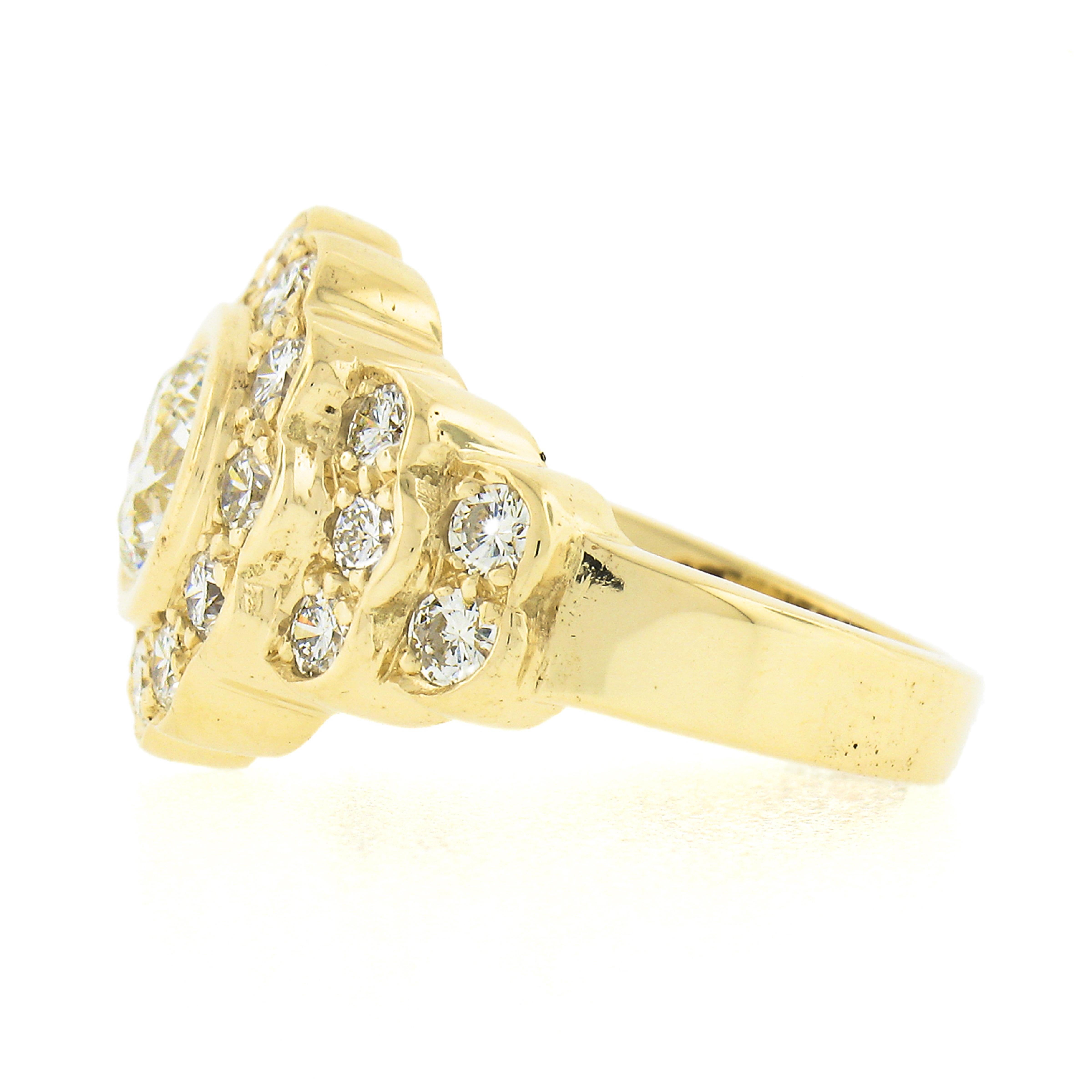 18k Yellow Gold 2.12ctw GIA Round Bezel Set Diamond w/ Halo Flower Cocktail Ring For Sale 1