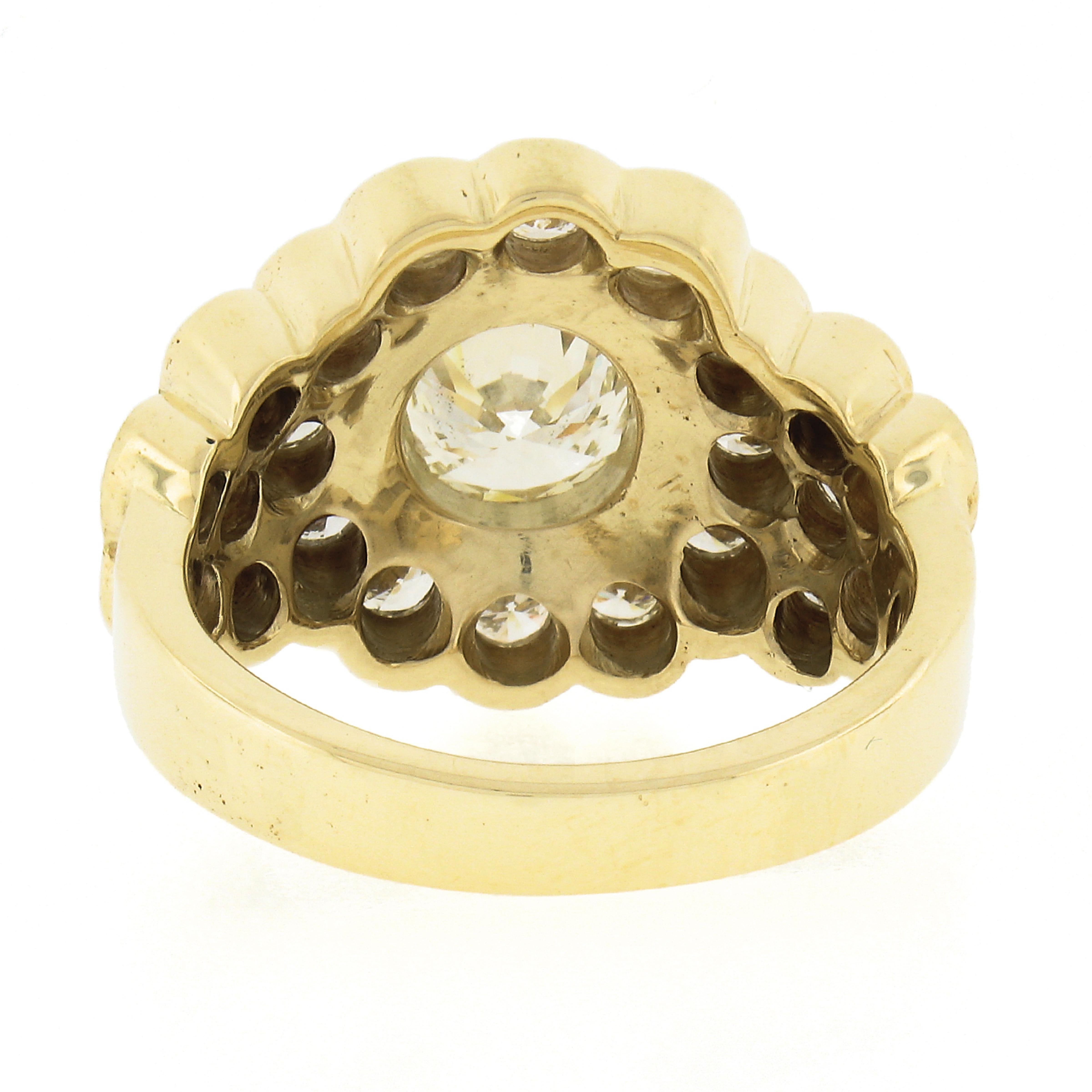 18k Yellow Gold 2.12ctw GIA Round Bezel Set Diamond w/ Halo Flower Cocktail Ring For Sale 2
