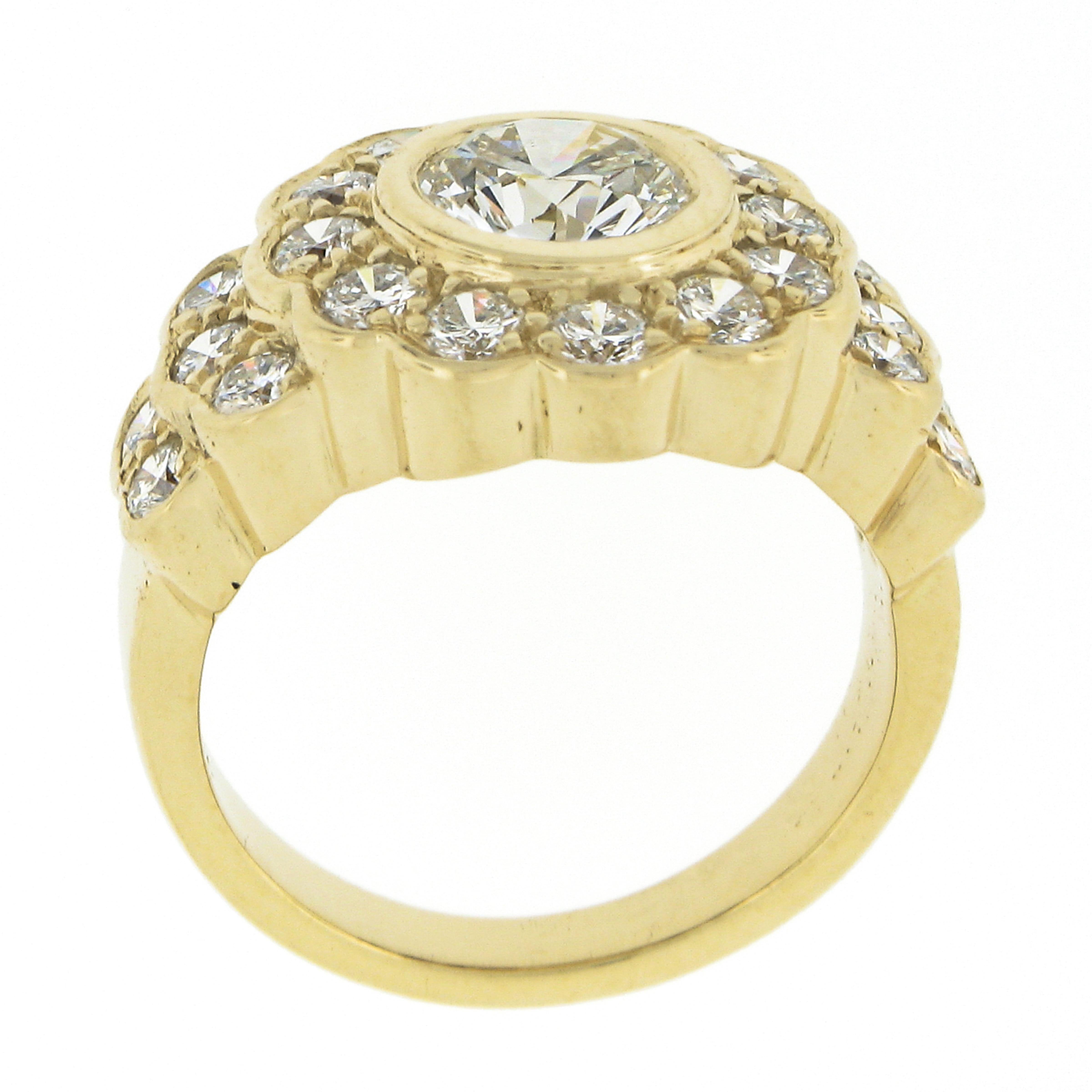 18k Yellow Gold 2.12ctw GIA Round Bezel Set Diamond w/ Halo Flower Cocktail Ring For Sale 3
