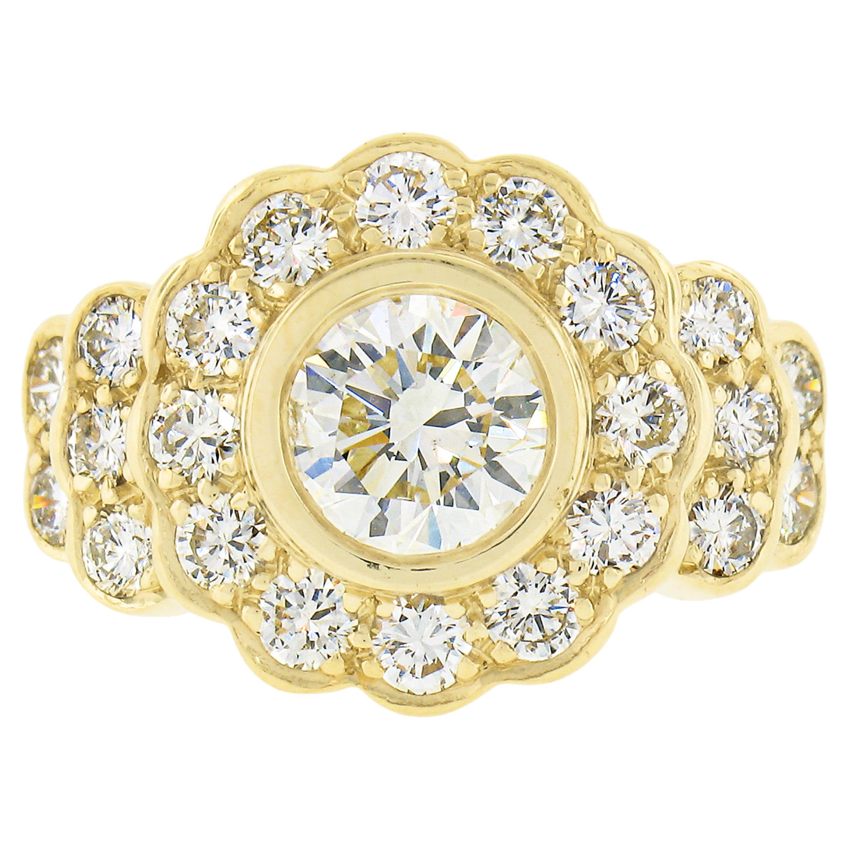 18k Yellow Gold 2.12ctw GIA Round Bezel Set Diamond w/ Halo Flower Cocktail Ring For Sale