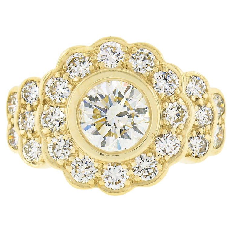 18k Yellow Gold 2.12ctw GIA Round Bezel Set Diamond w/ Halo Flower