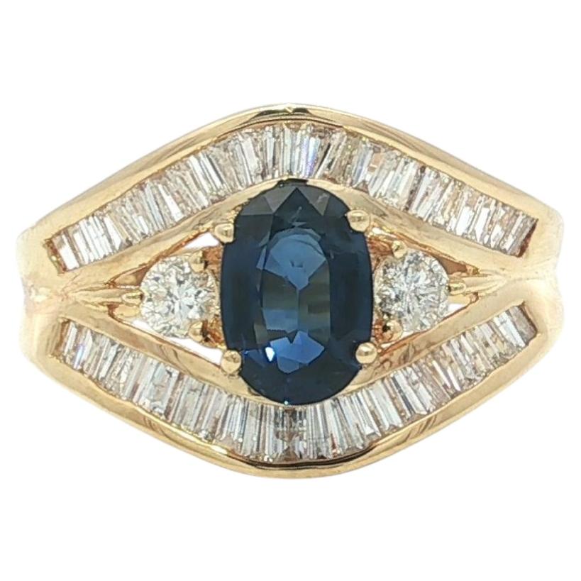 18k Yellow Gold 2.12ctw Royal Blue Sapphire & Diamond Baguette Statement Ring